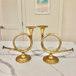 vintage brass french horn candlestick holders